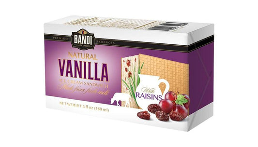 ICE CREAM BANDI SANDWICH PLOMBIR W/RAISINS 180ML